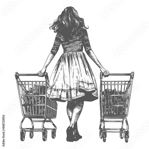 Retro Woman Pushing Twin Shopping Carts, Monochrome Illustration