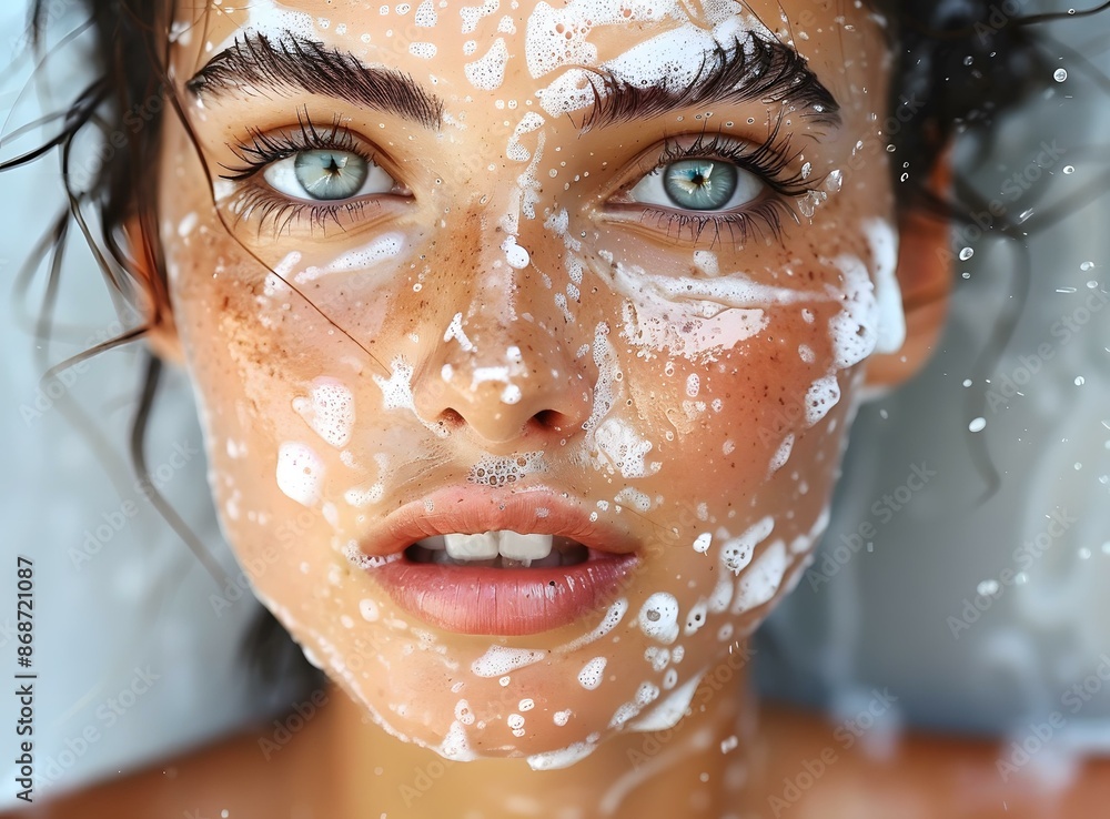 Close-up portrait of a young woman with wet hair and face covered in soap suds Close-up portrait of a young woman with wet hair and face covered in soap suds