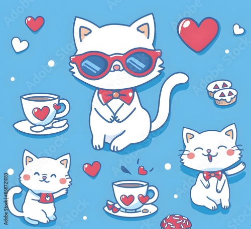 Cute Cartoon Cat with Sunglasses in Coffee Cup Sticker Design