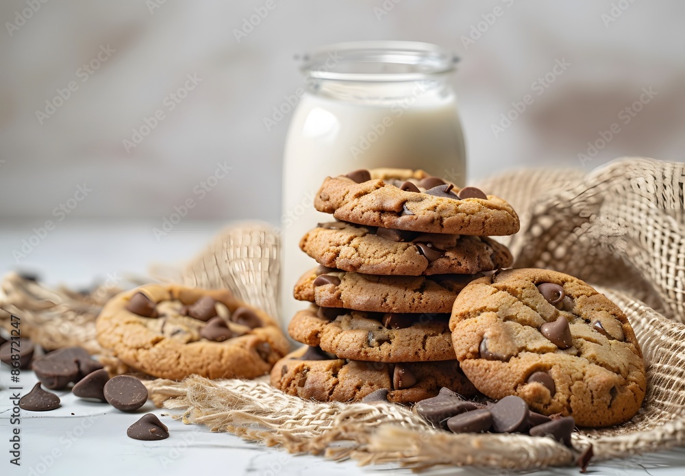 Chocolate Chip Cookies Milk Burlap Background Chocolate Chip Cookies Milk Burlap Background