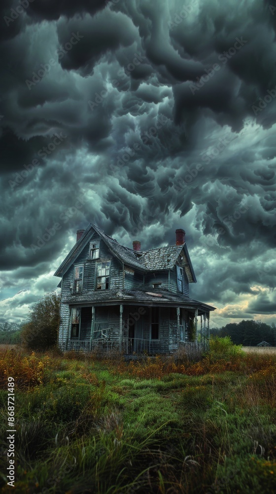 Obraz premium A spooky abandoned house with a ghostly figure visible in the window, set against a dramatic sky with dark clouds, and surrounded by tall, overgrown grass, evoking an eerie and haunting atmosphere.