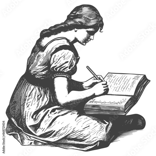 Engraved Woman Writing in Large Book, Traditional Illustration, Literary Scene, Vintage Style.