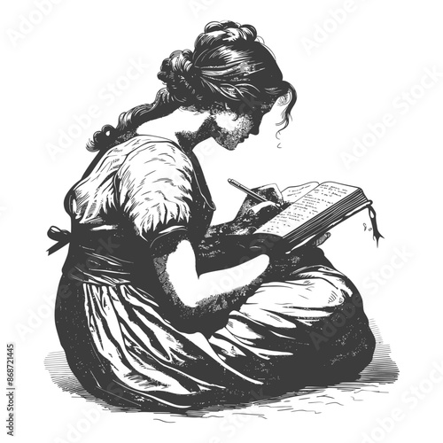 Victorian Woman Seated, Writing in Antique Book, Woodcut Style Illustration