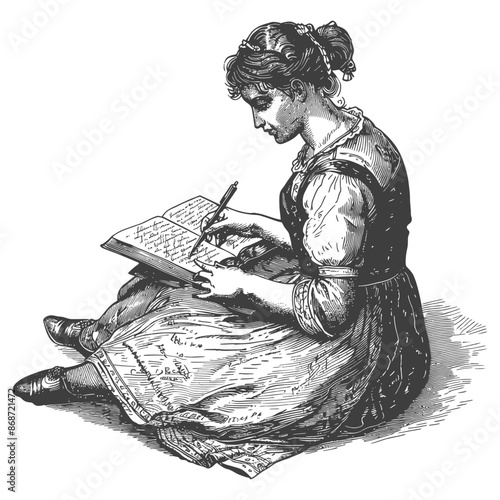 Victorian Woman Seated, Writing in Antique Book, Detailed Engraving