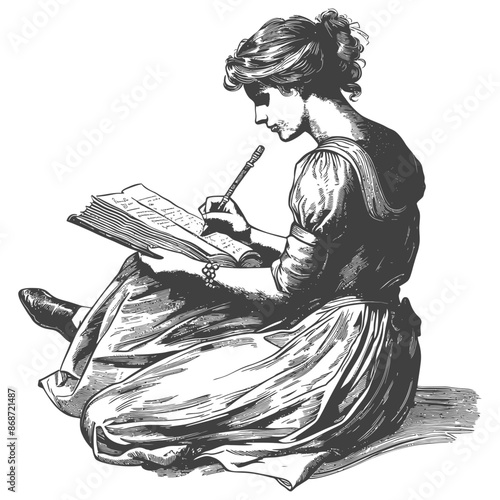 Vintage Illustration: Woman Writing in Journal, Seated, Detailed Line Art