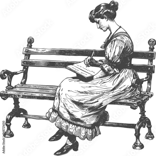 Edwardian Woman Writing on Park Bench, Vintage Illustration