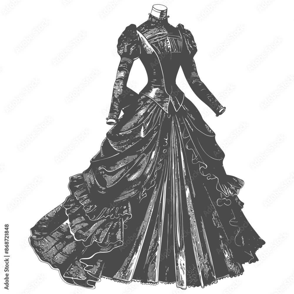 Obraz premium Victorian Era Bustle Gown: Monochrome Fashion Illustration