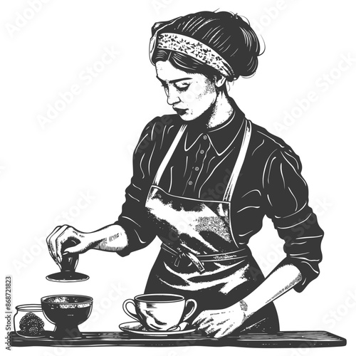 Vintage Style Illustration: Barista Woman Tamping Coffee