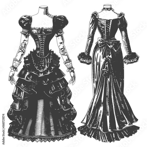 Victorian Era Dresses: Engraved Fashion Illustration of Corseted Gowns with Ruffles and Bows.