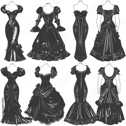 Vintage Victorian Dresses: Black Silhouette Fashion Illustrations, Mannequins.