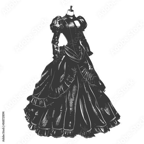 Victorian Gown Sketch: Ornate Dressmaker Mannequin, Detailed Black & White Illustration