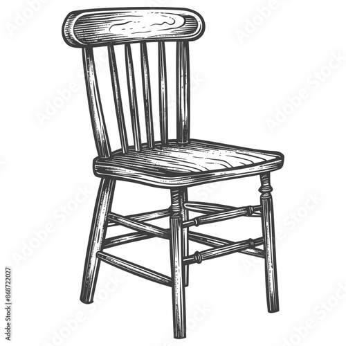 Woodcut Style: Vintage Wooden Chair with Spindle Back Design, Detailed Grain Texture.