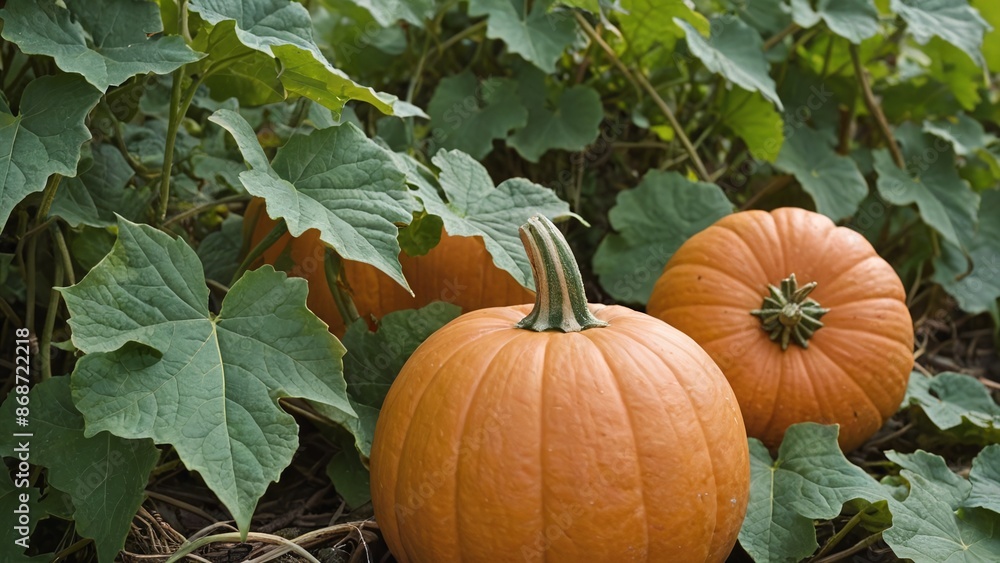 Obraz premium Harvest Time Vibrant Orange Pumpkins on Lush Green Vines