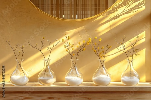 A collection of glass vases filled with white sand and branches of flowers arranged on a wooden surface with a round mirror hanging on a yellow wall creates a serene and vintage look.