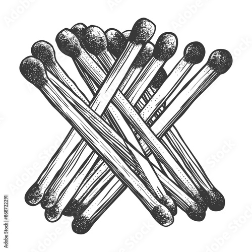 Monochrome Etching: Pile of Unlit Matches, Crosshatch Shading.