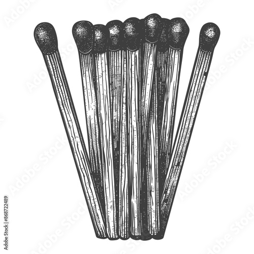 Engraved Matches: Vintage Woodcut Style Matchstick Bundle, Rustic Texture, Hand Drawn Illustration.