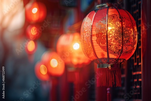 Close-up of traditional Chinese red lanterns hanging, with intricate gold patterns and tassels, illuminated softly to create a warm and festive atmosphere.  © Uliana