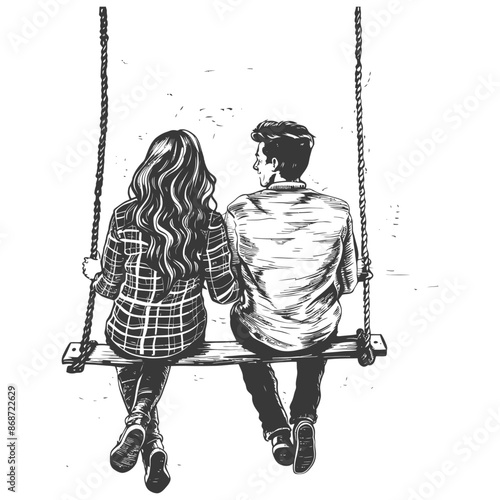 young couple sitting on a swing with engraving style