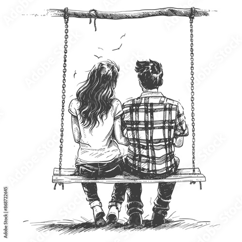 young couple sitting on a swing with engraving style