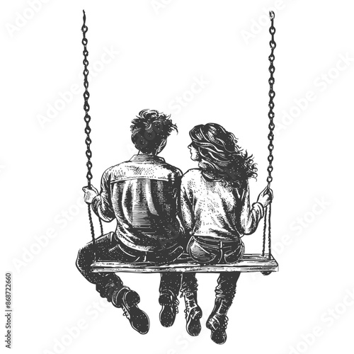 young couple sitting on a swing with engraving style