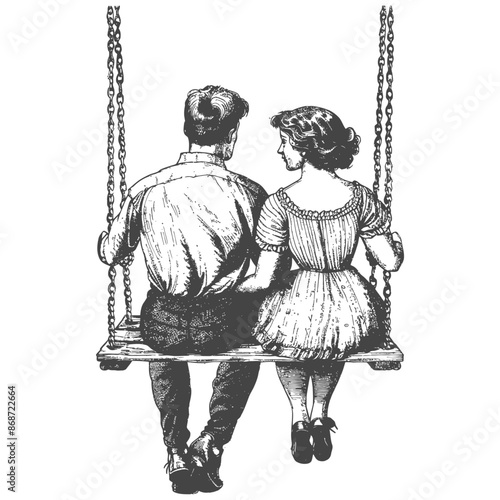 young couple sitting on a swing with engraving style