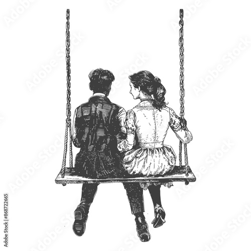 young couple sitting on a swing with engraving style