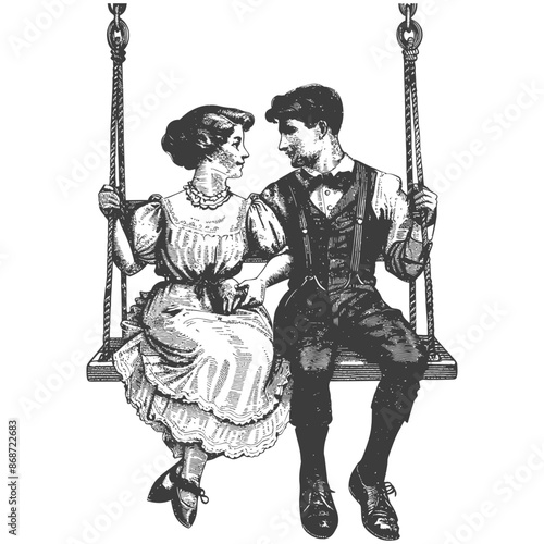 young couple sitting on a swing with engraving style