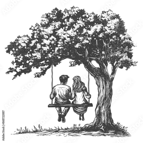 young couple sitting on a swing on the tree with engraving style