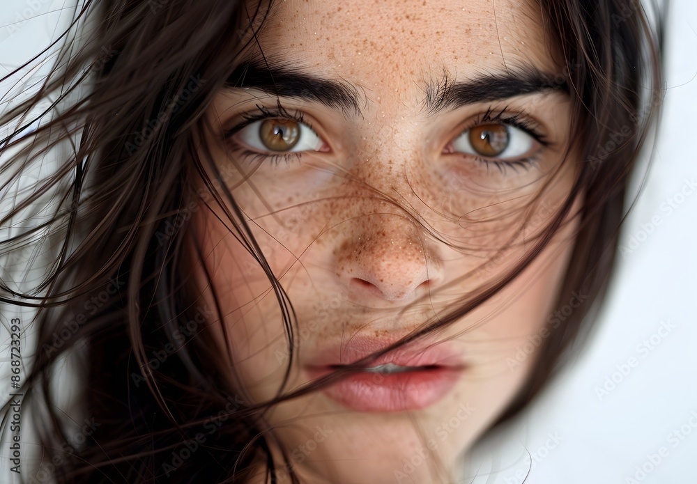 Close-up Portrait of Woman with Perfect Skin and Blowing Hair Close-up Portrait of Woman with Perfect Skin and Blowing Hair