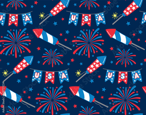 Seamless pattern with fireworks, banners and sparklers for Independence Day. Fourth of July vector background in flat style	