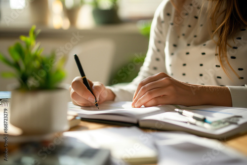 Woman Writing Notes at Home Desk, Financial Planning