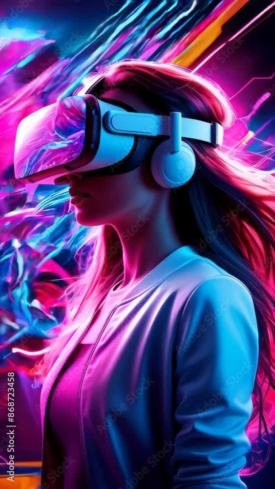 woman wearing virtual reality experience, surrounded by neon-lit environment in shades of pink, purple, and blue. VR headset, and dynamic background features futuristic graphics and glowing elements woman wearing virtual reality experience, surrounded by neon-lit environment in shades of pink, purple, and blue. VR headset, and dynamic background features futuristic graphics and glowing elements