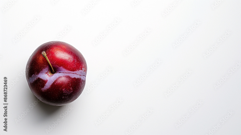 Single Plum on White Background with Copy Space, Minimalist Presentation Single Plum on White Background with Copy Space, Minimalist Presentation