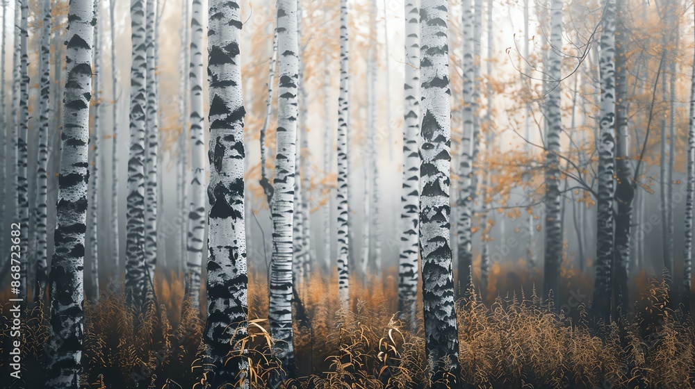 Obraz premium majestic birch trees in an expansive forest, white bark glowing, tranquil and strong, selective focus, ethereal beauty theme, ethereal, overlay, morning light backdrop