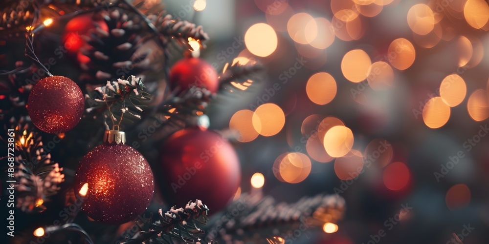 Fototapeta premium Close-Up Christmas Tree Ornaments with Bokeh Lights