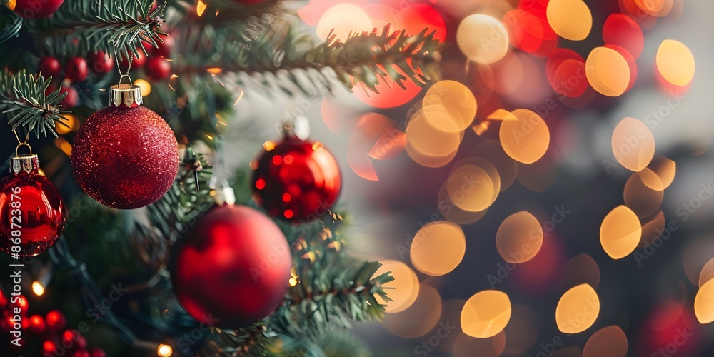 Red Ornaments on Christmas Tree with Blurred Lights Red Ornaments on Christmas Tree with Blurred Lights