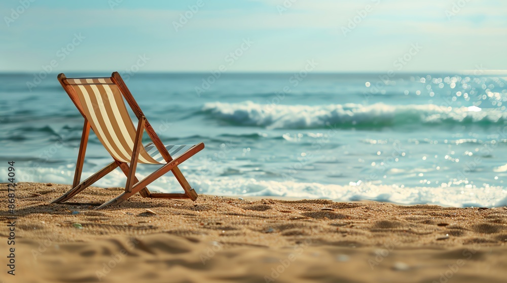beach chair on sand, unoccupied and inviting, waves gently rolling in, selective focus, solitude theme, surreal, composite, calm sea backdrop beach chair on sand, unoccupied and inviting, waves gently rolling in, selective focus, solitude theme, surreal, composite, calm sea backdrop