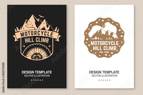 Motorcycle hill climb posters. Vector. Extreme sport template with wheel, mountain and brake disc.