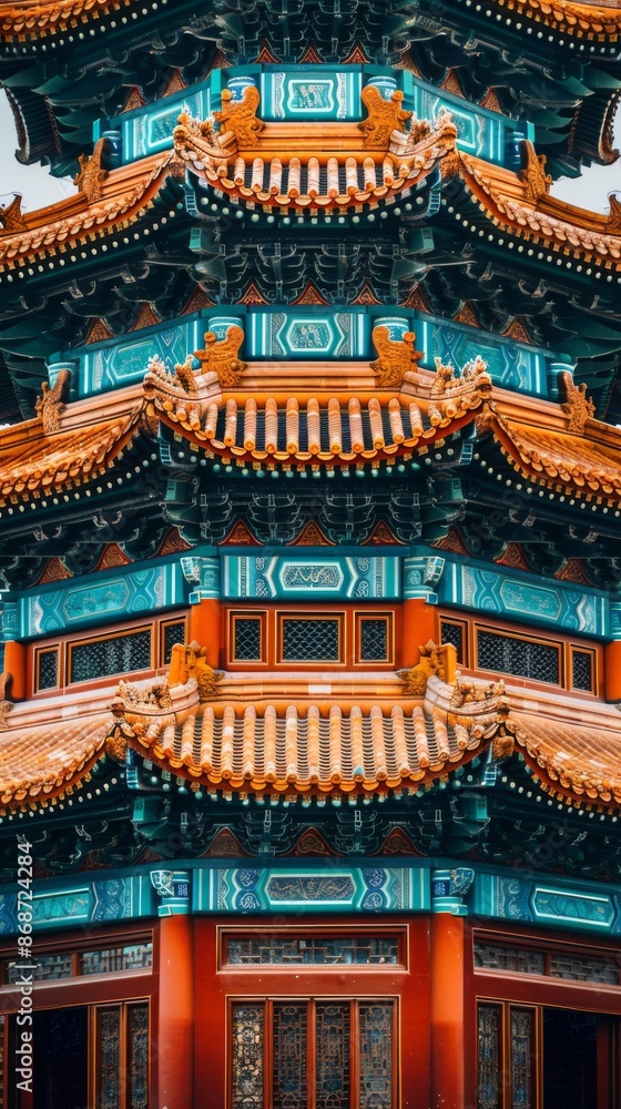 Traditional Chinese architectural details on a historical building, highlighting ornate carvings, curved rooflines, and rich, vibrant colors that reflect ancient craftsmanship Traditional Chinese architectural details on a historical building, highlighting ornate carvings, curved rooflines, and rich, vibrant colors that reflect ancient craftsmanship