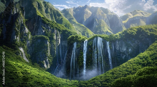 Majestic mountains covered in greenery with a crystal-clear waterfall cascading down.