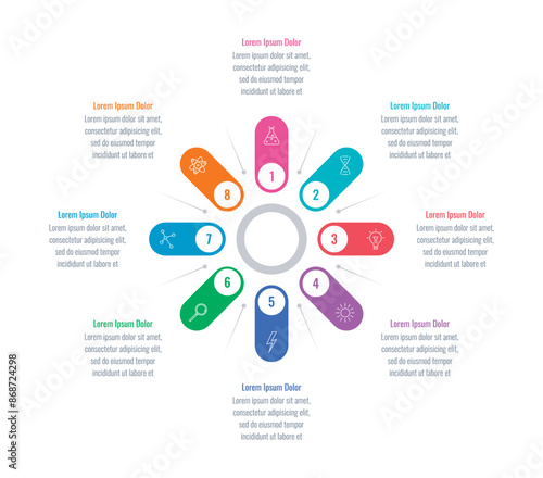 eight steps information template. colorful rollers infographic template. Infographic template for technology, industry, education, business and science