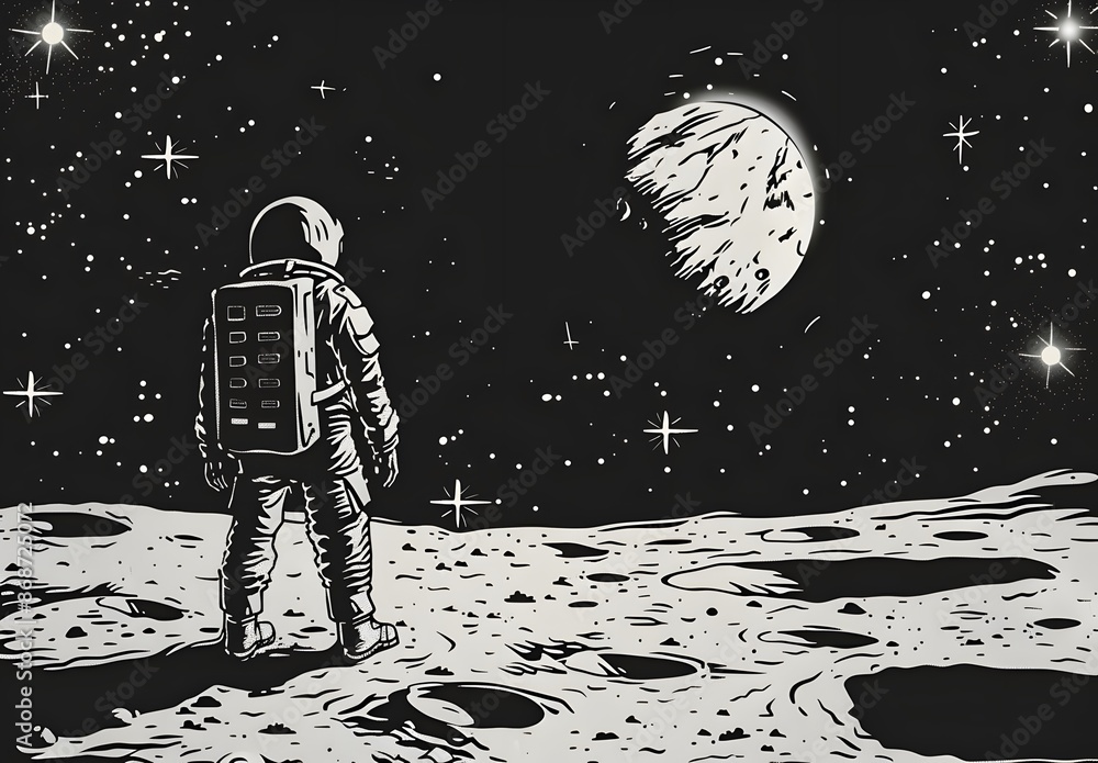 Obraz premium Hand-drawn Cartoon Astronaut on Moon with Earth and Galaxies