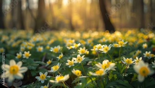 Springtime Forest Meadow with White Flowers