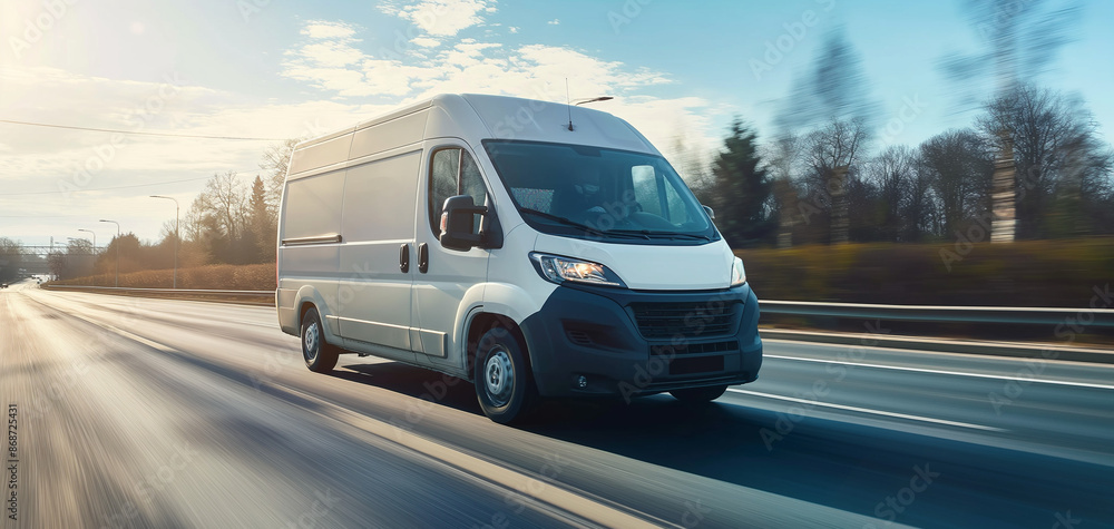 White modern delivery small shipment cargo courier van moving fast on motorway road to city urban suburb. Business distribution and logistics express service. Mini bus driving on highway on sunny day