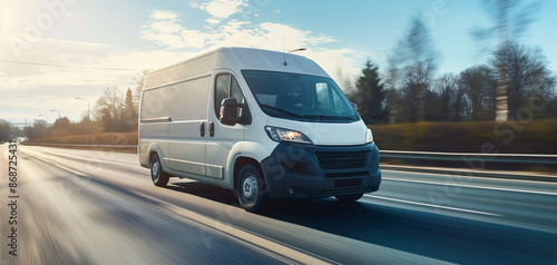 Obraz na płótnie White modern delivery small shipment cargo courier van moving fast on motorway road to city urban suburb. Business distribution and logistics express service. Mini bus driving on highway on sunny day w salonie