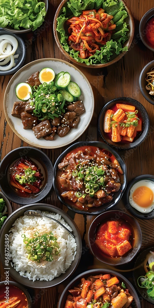 A variety of Korean food is arranged on a wooden table. A variety of Korean food is arranged on a wooden table.