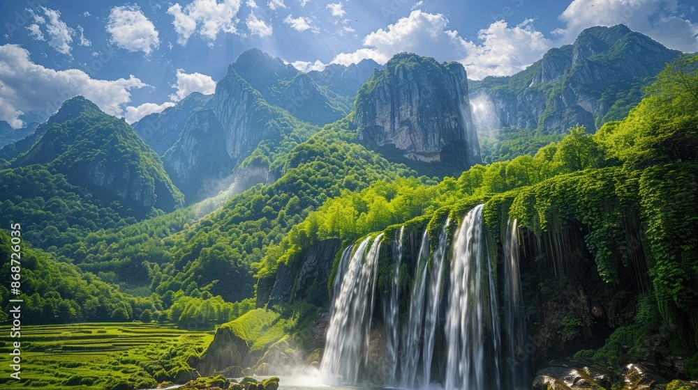 custom made wallpaper toronto digitalMajestic mountains covered in greenery with a crystal-clear waterfall cascading down.