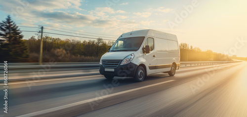 White modern delivery small shipment cargo courier van moving fast on motorway road to city urban suburb. Business distribution and logistics express service. Mini bus driving on highway on sunny day