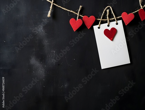 White Paper Note with Red Hearts Hanging on Black Background photo