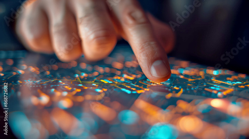 a hand touching a digital screen with a holographic circuit board, orange and blue lights, blurred background